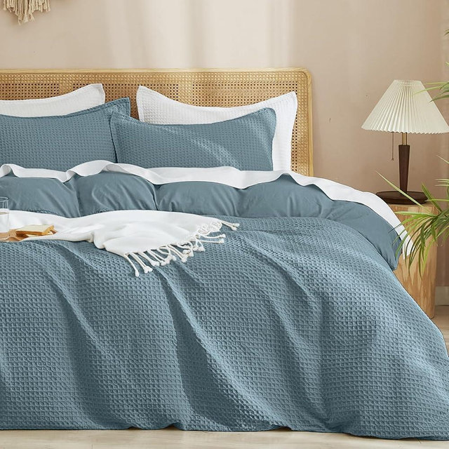 PHF Waffle Duvet Cover Set Queen Size, No Snagging Ultra Soft Luxury Textured Breathable Comforter Cover for All Season 3pcs, Durable Bedding Duvet Set with 2 Pillow Shams, 90"x90", Stormy Blue