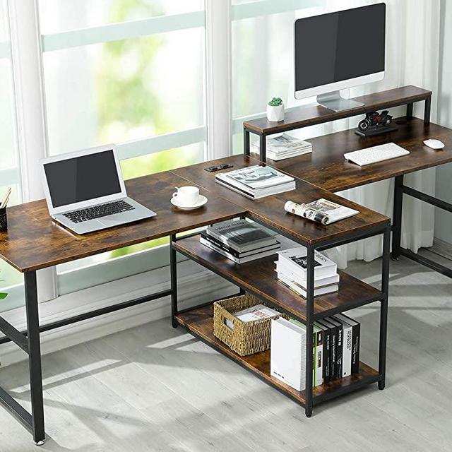 Sedeta 94.5 inches Two Person Desk, Double Computer Desk with Storage Shelves, Extra Long Workstation Desk with Monitor Stand, Power Strip with USB, Study Writing Desk for Home Office, Rustic Brown