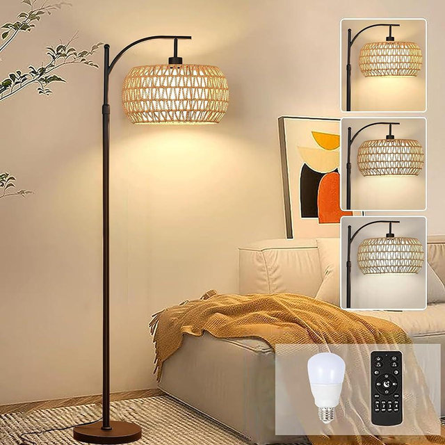 Arc Floor Lamps for Living Room Rattan Boho Floor Lamp with Remote Control,Dimmable LED Floor Lamp Wicker Lamp Shades Black Standing Lamp with 3 Color Temperature Tall Floor Lamp For Bedroom Corner