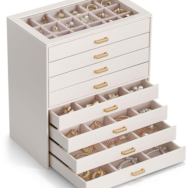 Lolalet Earring Organizer, Jewelry Box with Clear Lid -Beige, 8 Layer | PU Leather, Velvet, Removable Dividers, Dustproof, Easy Clean, For Studs Rings, Gift for Women Girls, Home Aesthetic Decor