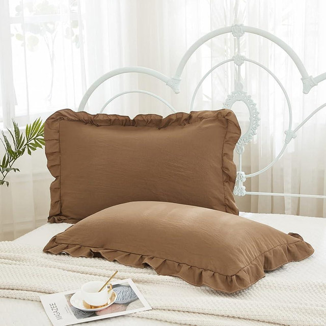 Merryword Brown Pillowcases - King Size Ruffled Shams Set of 2 - Solid Fringe Design - Coffee Brown Shabby Chic - 2 Pack (King (20''x36''))