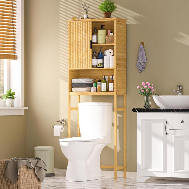 Yardenaler Over The Toilet Storage Cabinet with Fluted Doors, Bathroom Over Toilet Rack with Adjustable Shelf Bamboo FreeStanding Space-Saving Storage Organizer, Natural
