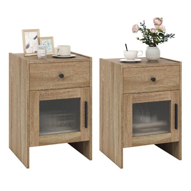 Costway 2 PCS Farmhouse Nightstand Fluted Bed Side Table with Large Drawer Enclosed Cabinet