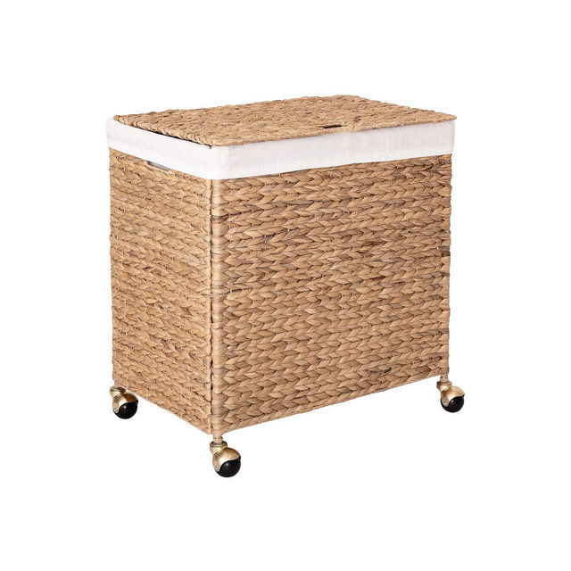 Seville Classics Natural Handwoven Lidded Laundry Hamper with Gold Sphere Casters