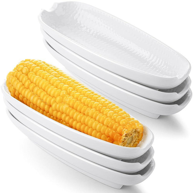 Ceramic Corn on The Cob Holders 8. 8 Inch White on The Corn Dishes Plates Non-slip Bottom Microwave Oven Dishwasher Safe for Family or Restaurant(White,6 Pcs)