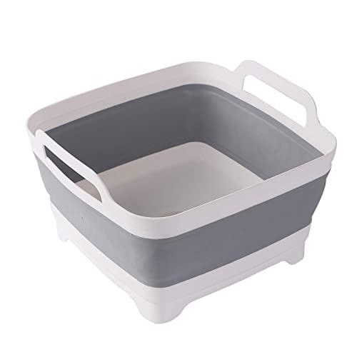 9L (2.4Gallon) Dish Basin Collapsible with Drain Plug Carry Handles, Space Saveing Kitchen Storage Tray Dish Wash Basin, Portable Dish Tub, Foldable Dishpan for Camping Portable Dish Washing(Gray)