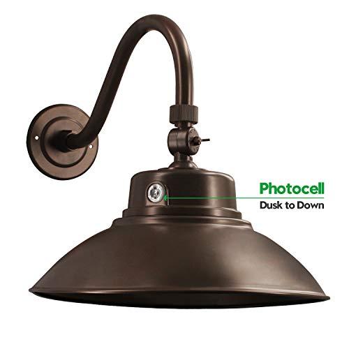 Brown LED Gooseneck Barn Light 14 Inch Classic Steel Shade 42W 4200lm Wall Porch Light - Photocell Included - 6000K Farmhouse Lighting