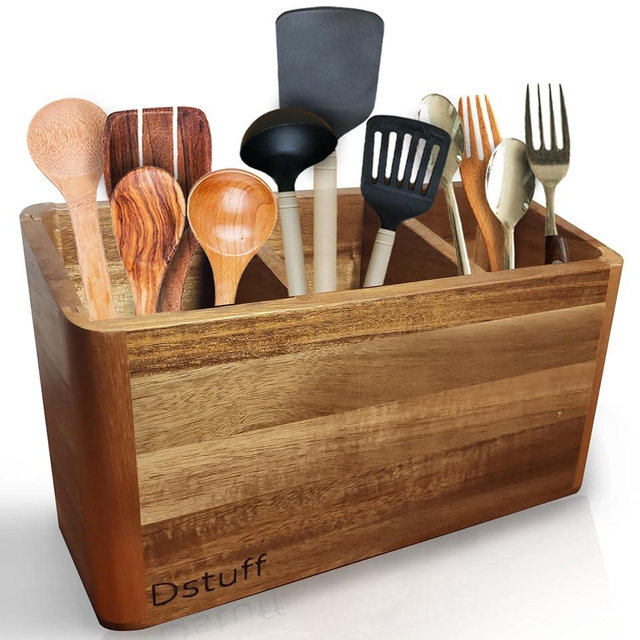 Dstuff Large Kitchen Utensil Holder Organizer for Counter or Countertop, Large Wooden Utensil Holder for Storage Cooking and Silverware with 3 Compartment, Acacia Rustic Wood Container Extra Large
