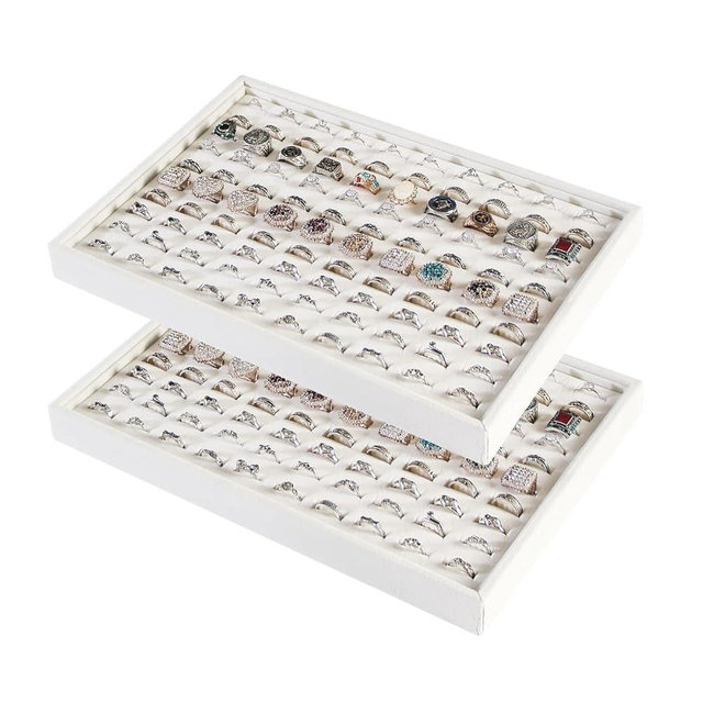 Coward 2Pcs/Set Stackable Ring Organizer Tray Beige Velvet Ring Earring Stud Jewelry Display Holder Tray for Store Selling or Home Show Storage