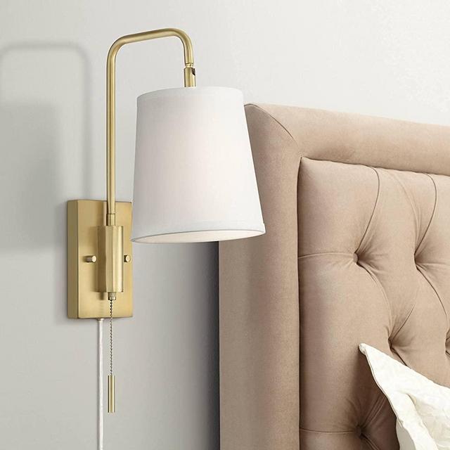Luca Mid Century Modern Indoor Swing Arm Wall Mounted Lamp Brass Finish Metal Plug-in Light Fixture Fabric Shade for Bedroom Bedside House Reading Living Room Home Hallway - 360 Lighting