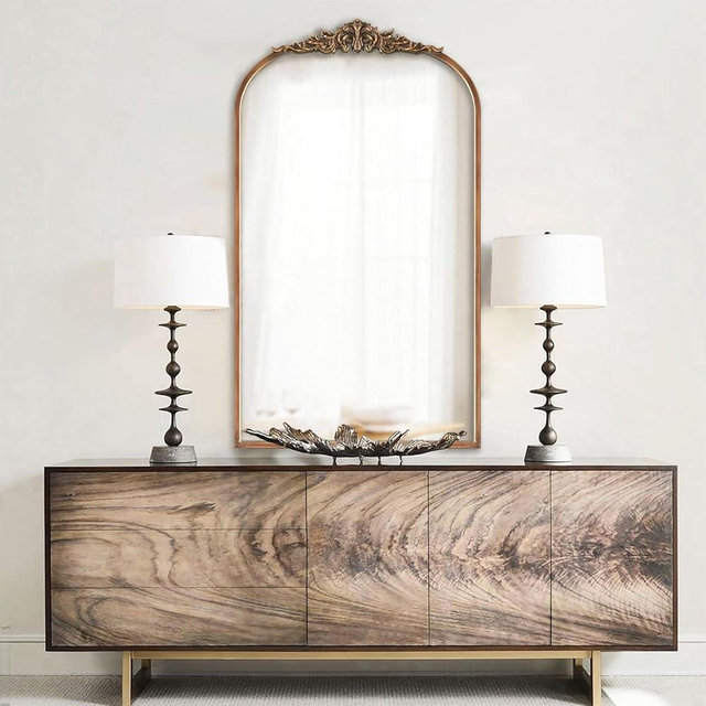 MOBUDAN Vintage Arched Mirror, 24 x 42 Inches Tall Antique Brass Gold Wall Mirror Decorative Ornate Baroque Arch Style Mirrors for Entryway/Fireplace/Living Room/Hallway/Bathroom