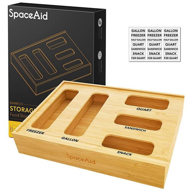 SpaceAid Ziplock Bag Storage Organizer for Kitchen Drawer, Bamboo Baggie Holder, Compatible with Ziploc, Solimo, Glad, Hefty for Gallon, Quart, Sandwich and Snack Variety Size Bags (1 Box 5 Slots)