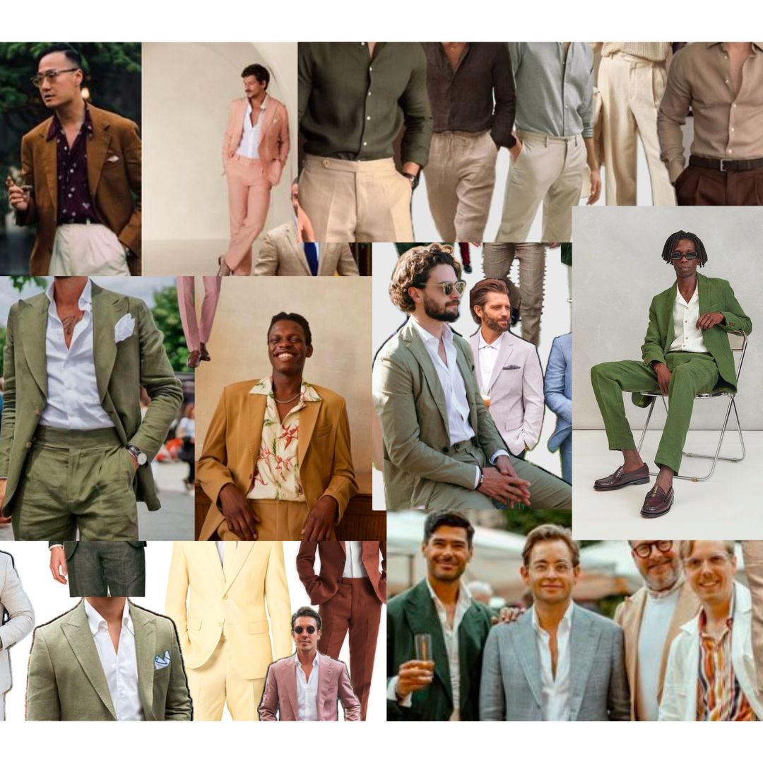 SUMMER SUIT / SHIRT + DRESS PANTS NO CHOCOLATE / ESPRESSO BROWN SUIT  (or else you’ll match the groom!) no jeans.