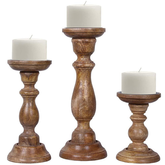 Medium Polish Candle Holders for Pillar Candles (Set of 3) - “Tuli” Candle Holder Set - Rustic Wooden Candle Holders Pillar - Candle Stand for Fireplace or Table Centerpiece