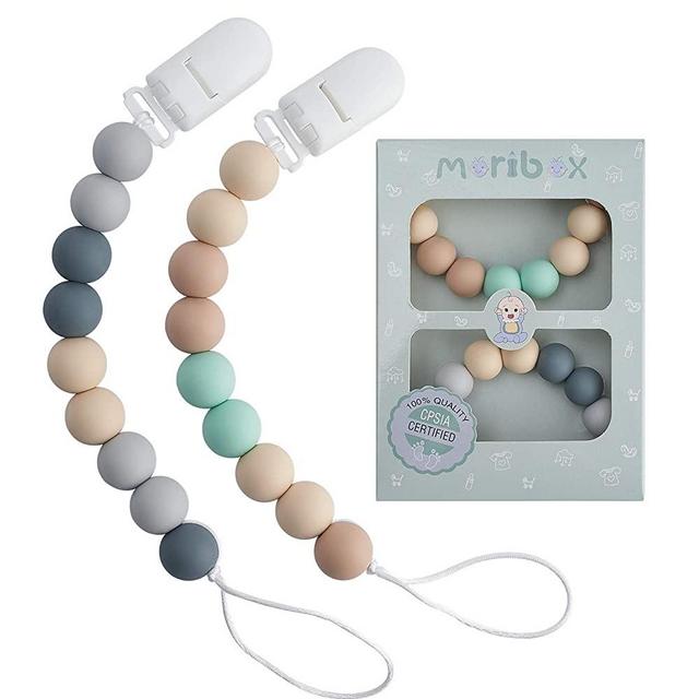 Pacifier Clips for Boys - MORIBOX Silicone Teething Beads Paci Clip Baby Binky Holder Soothie Teethers Toys for Shower Gift Christmas 2 Pack
