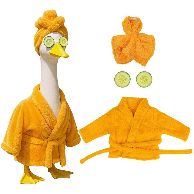 Lady Porch Goose Outfit Set with Bathrobe Shower Cap Cucumber Eye Mask Funny Goose Clothes for 23" Cement Plastic Lawn Statue Halloween Christmas Birthday Outdoor Garden Yard Patio Decoration