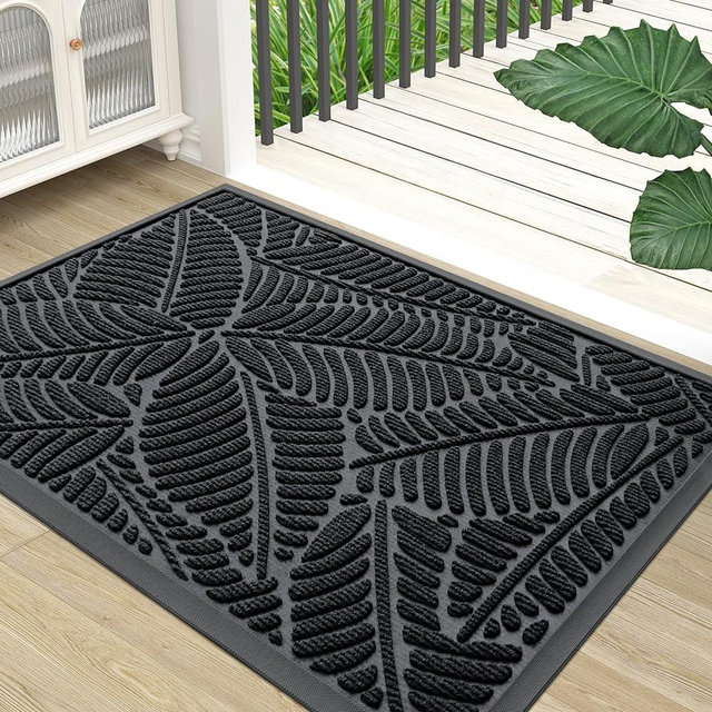 Colorxy Waterproof Doormat, Durable Natural Rubber Front Indoor Mat, Non Slip Low Profile Indoor Outdoor Door Mat, Stain and Fade Resistant Floor Mat, Easy Clean Patio Entrance Mat, 30''x17'', Black