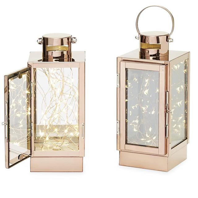 Rose Gold Decorative Lanterns - Warm White Fairy Lights, 9 Inch Tall, Battery Operated, Copper Wire, Home Decor or Flameless Wedding Centerpiece, Timer and Batteries Included - Set of 2