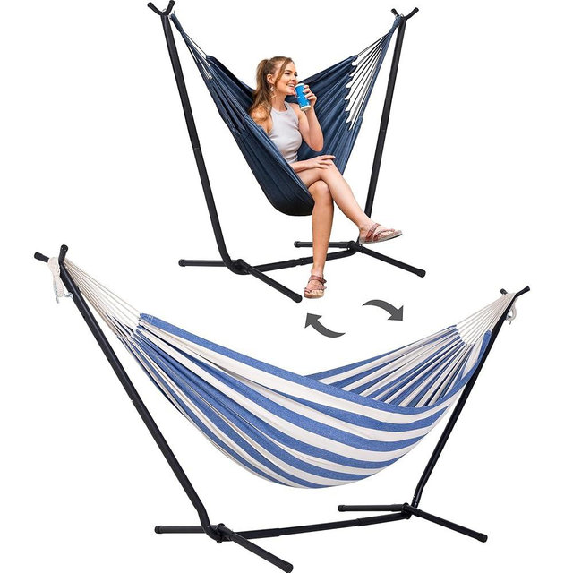SUNCREAT 2-in-1 Convertible Free Standing Hammock with Stand Included, Camping Backyard Hammock with Stand, Patent Pending, Blue & White Stripe