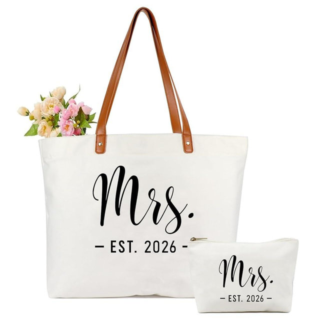 Lamyba Bride Tote Bag – Mrs EST 2026 White Tote with Zipper, Bridal Shower Gift for Bride, Wedding Day & Honeymoon Bag, Bride to Be Gift