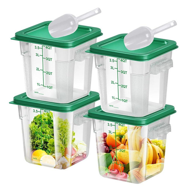 FeyBuosk 4 pcs 4qt Food Storage Containers with Lid, Square Clear Commercial Food Storage Containers with Handle and Scale for Food Storage in Home Kitchen & Dining (Green)