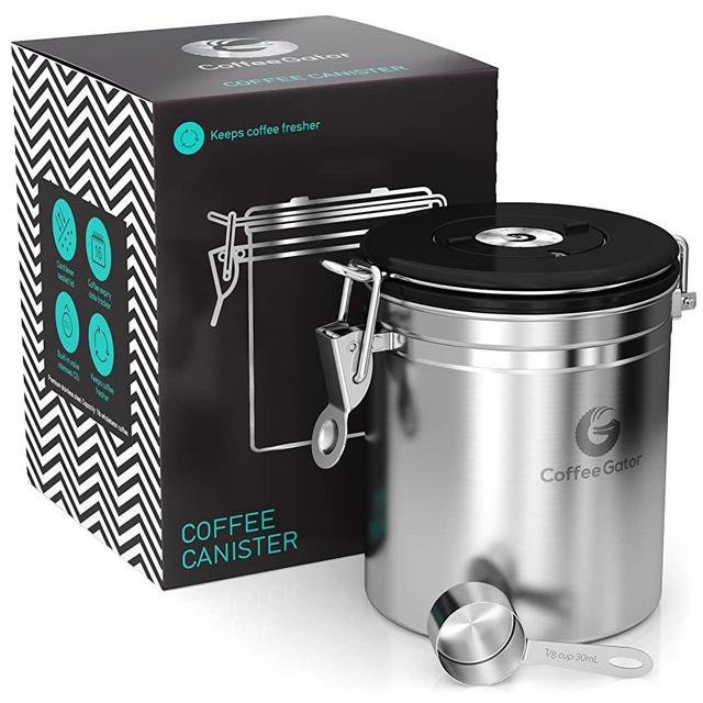 Coffee Gator Stainless Steel Container - Fresher Beans and Grounds for Longer - Canister with Date Tracker, CO2-Release Valve and Measuring Scoop - Medium - Silver