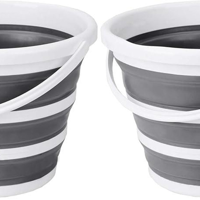 Eurow Indoor and Outdoor Collapsible Bucket with Handle, 10 Liters, 2.6 Gallons, Gray and White (Pack of 2)