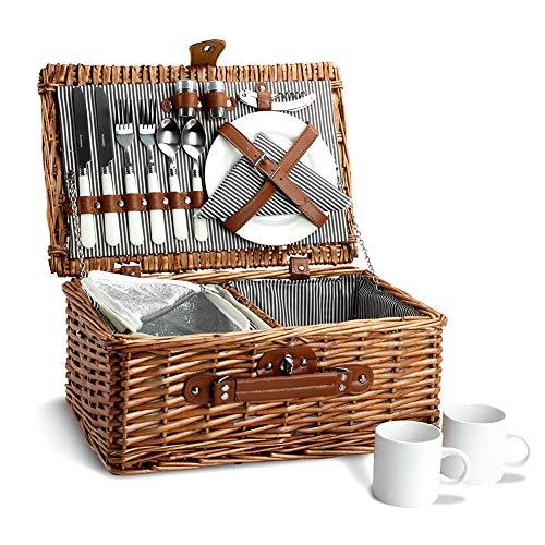 Picnic Basket for 2, Willow Hamper Set with Insulated Compartment, Handmade Large Wicker Picnic Basket Set with Utensils Cutlery - Perfect for Picnicking, Camping, or any Other Outdoor Event