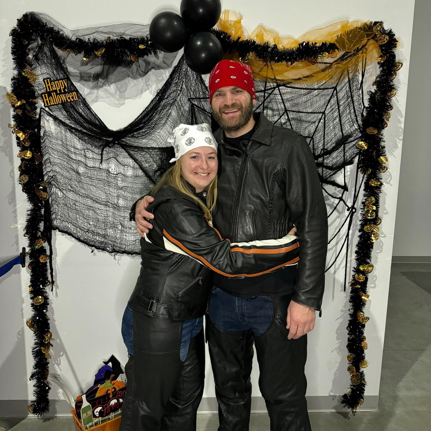 Dressing up in biker gear for Daron's 29th birthday.