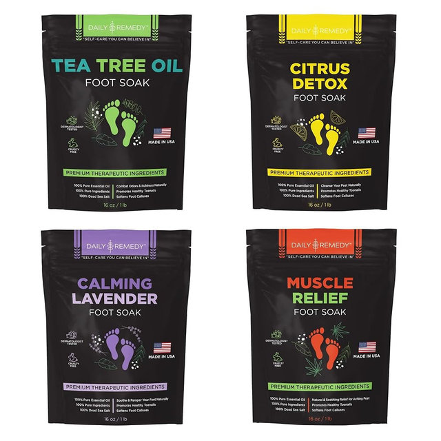 DAILY REMEDY Foot Soak Salts- Variety Pack of 4- Tea Tree Oil, Muscle Relief, Calming Lavender & Citrus Soak- For Foot Pain, Soreness, Athlete’s Foot, Odors, Calluses-Made In USA | Tea Tree Oil