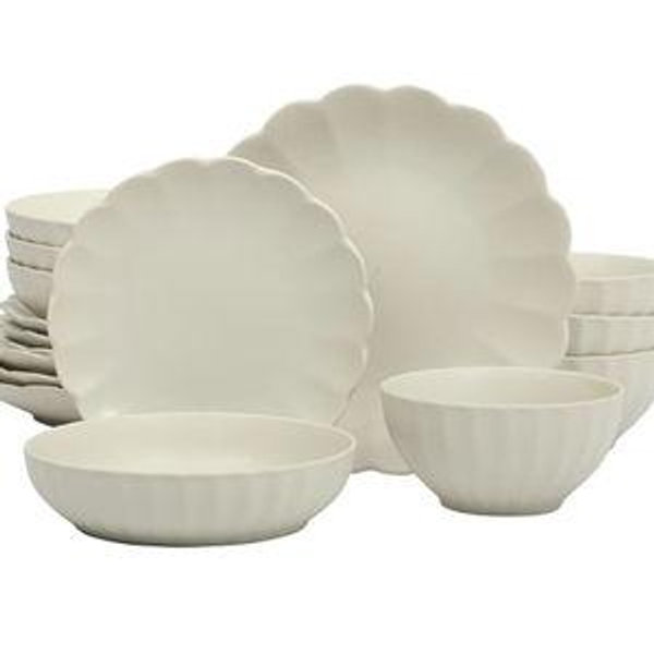 Gibson Elite Malibu Shore 16 Piece Scallop Stoneware Reactive Glaze (Service for 4) Ceramic Plates and Bowls Dinnerware Set - Cream White