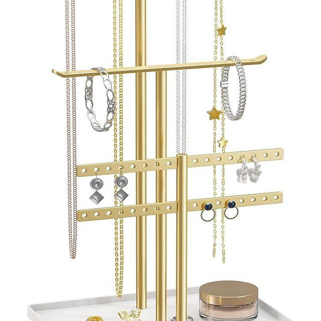 Jewelry Holder Organizer, 12.5'' Tall Sturdy Metal Stand, 3-Tier Jewelry Hanger for Necklace, Earring, Bracelet, Ring, for Display and Storage, Aesthetic Room Decor, Gold Jewlery Tree with White Tray