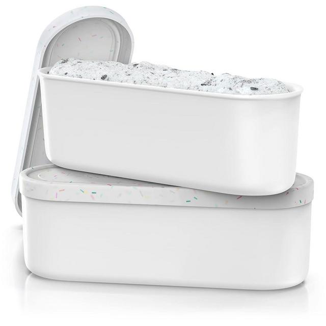 Ice Cream Containers - 2 Quart Ea. (Set of 2) - Premium Reusable Freezer Storage for Homemade Ice Cream Tub for Sorbet, Frozen Yogurt - Flexible Silicone Lids, Long Scoop, Stack - White With Sprinkles