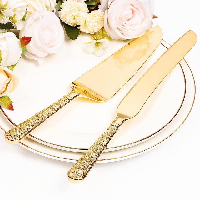 Cake Knife and Server Set for Wedding, Gold Cake Cutting Set, Elegant Cake Knives Cutter Set, Pie Pastry Servers, Birthday Bridal Quinceañera Gift (F-Flower)