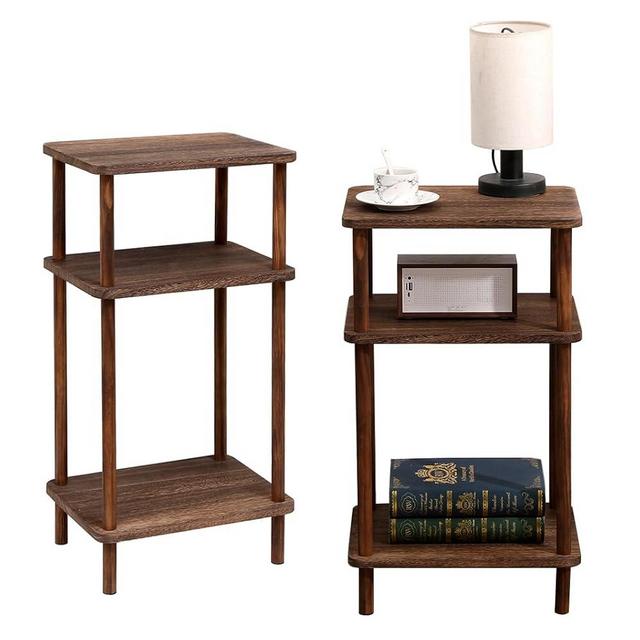 Kosmeey Side Table Set of 2, Wooden 3-Tier Narrow End Tables, Rustic Brown Nightstand Sofa Side Table Used for Small Spaces, Living Room, Bedroom