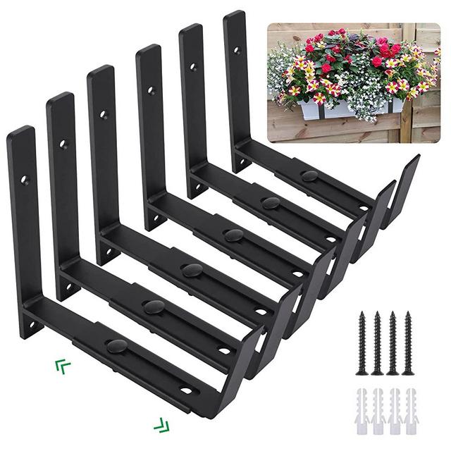 Maotong Adjustable Window Planter Box Brackets 6 Pack, Heavy Duty Wall Mount Flower Box Holder for Planter Box Depth ( Front to Back) 6 to 12 Inches , Black