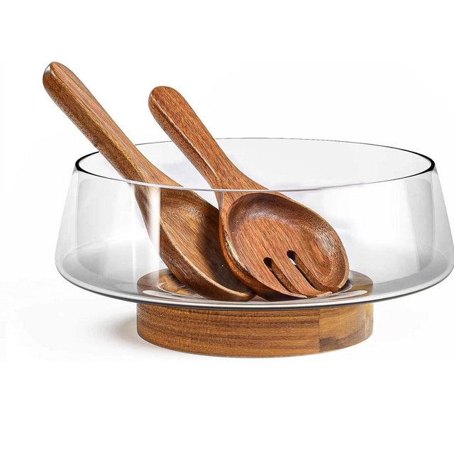 KITEISCAT Extra Large Glass Salad Bowl Set - Party Salad Bowls with Acacia Wood Base and Serving Utensils - Elegant and Practical Kitchen Must-Have