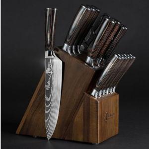 SENKEN 16-Piece Natural Acacia Wood Kitchen Knife Block Set - Japanese Chef's Knife Set with Laser Damascus Pattern, Includes Steak Knives, Kitchen Shears, Santoku, Cleaver & More (Wooden Handles)