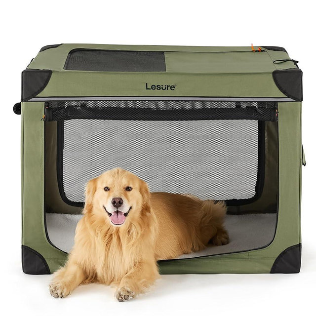 Lesure Soft Collapsible Dog Crate - 42 Inch Portable Travel Dog Crate for Extra Large Dogs Indoor & Outdoor, 4-Door Foldable Pet Kennel with Durable Mesh Windows (Green)