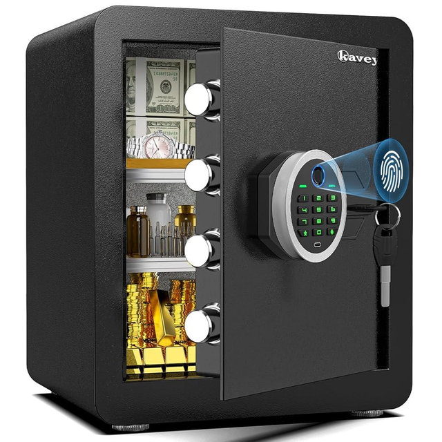 Kavey 2.0 Cub Biometric Fingerprint Safe Box, Home Safe with Dual Alarm System, Money Safe With Mute Function and LED Light, Safes with Removable Shelf, Safes for Money Valuables
