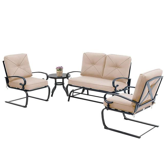 Incbruce 4Pcs Outdoor Patio Furniture Conversation Sets (Loveseat, Bistro Table, 2 Spring Chair) - Swing Glider Rocking Patio Bench and Spring Metal Lounge Chairs Sets with Cushions (Brown)