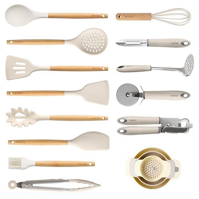 CAROTE Silicone Cooking Utensils Set, Kitchen Utensils Set 16 Pcs for Cooking,BPA Free Spatula Set,446 ℉ Heat Resistant Wood Handles for Nonstick Cookware (Cream White)