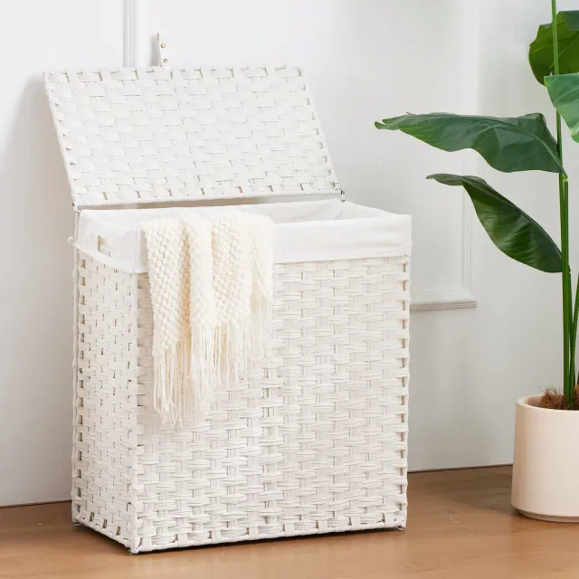 Rattan Design 110L Laundry Hamper with Double - section Liner and Large Capacity, Lid - included, Household Clothes Storage Essential