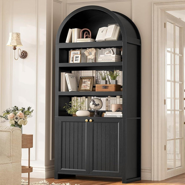 81" Tall Arched Cabinets,Bookcase with storage,Mid-Century Modern 6-Tier Bookshelf with Door,2 Book Risers and Adjustable Shelves offering more storage space for Living Room,Kitchen,Home Office,Black