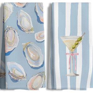 Coastal Oyster Shell and Martini Kitchen Towels Set of 2, Watercolor Seafood Cocktail Hand Towels for Kitchen Bar Seaside Restaurant, Beach Lover Gifts Hand Towels, 16x24 Inch