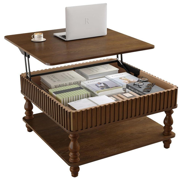 31.50" Square Fluted Lift-Top Coffee Table with Hidden & Open Storage, Modern Center Table with Hydraulic Raising Mechanism, Retro Tea Table with Solid Wood Legs for Living Room Apartment, Walnut