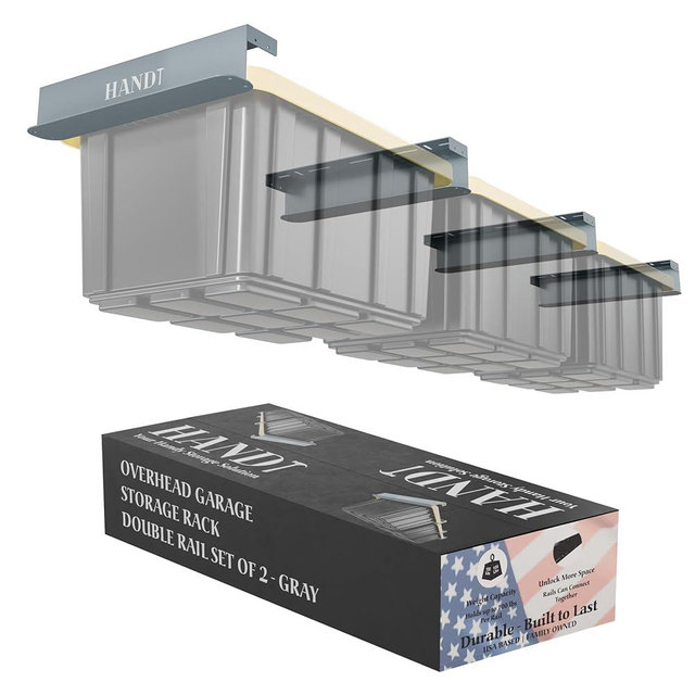 HANDT Overhead Garage Storage Rack, Connectable Heavy Duty Metal Ceiling Rails For Garage Storage Organization Shelving System, Hanging Racks For Tote Containers, Supports Up To 3 Bins, 2 Sets Gray
