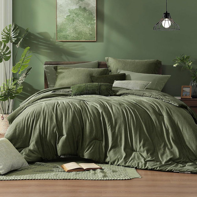 Monbix Oversized Queen Comforter Set - 7 Pieces Cationic Dyeing Olive Green Bed in a Bag Bedding Sets with Comforter, Sheets, Pillowcases & Shams, Reversible Bedding Comforters Sets
