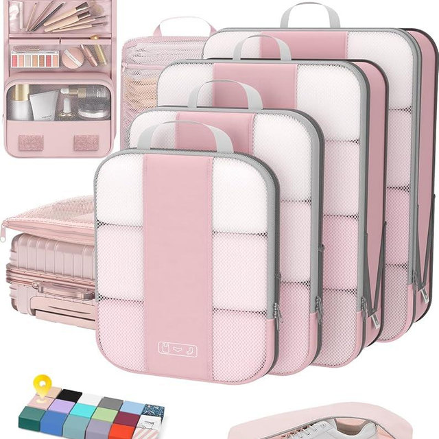 8 Set Compression Packing Cubes for Travel Essentials,Compressible Expandable Packing Cubes for Suitcase,OlarHike Luggage Organizer Bags for Travel,Handy Helper for Organizing Clothes(Pink)