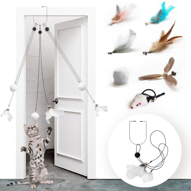 LEKEWPET Retractable Cat Feather Toys, 7PCS Refills with Bell, Interactive Doorway Hanging Teaser Catnip Toys for Indoor Cats. Kitten Play Pompom & Feather Teaser.